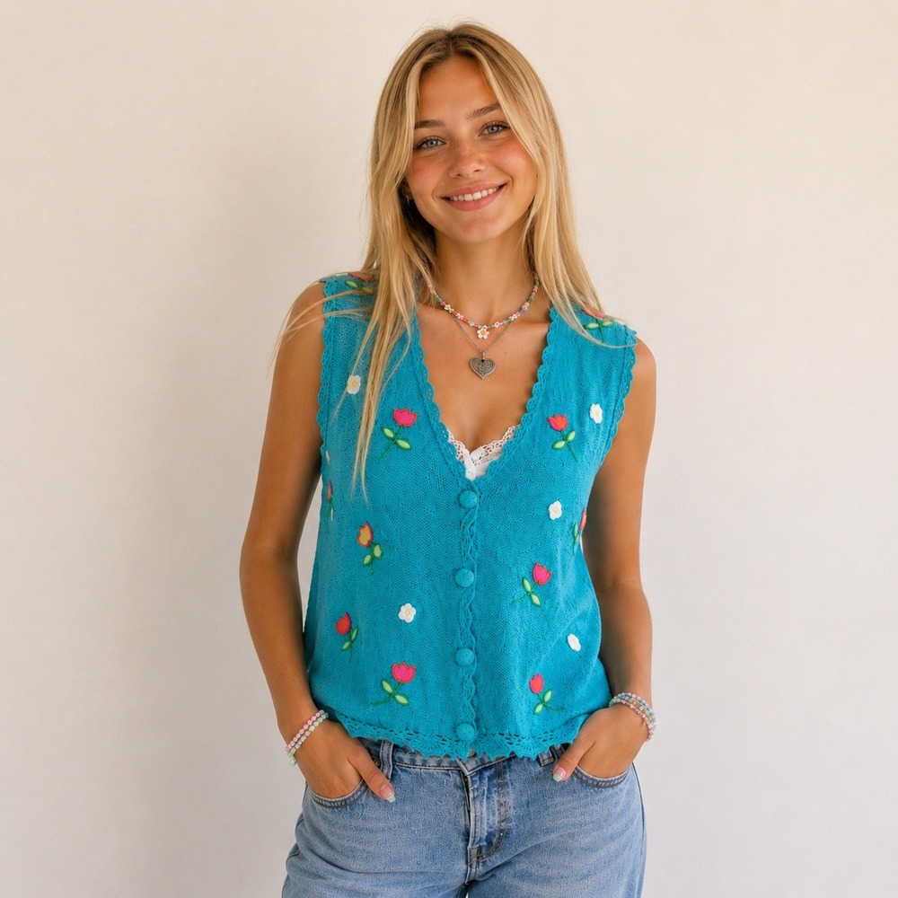 Mandal Bay 90s Vintage Floral Knit Vest Embroidered Grannycore Cottagecore XL